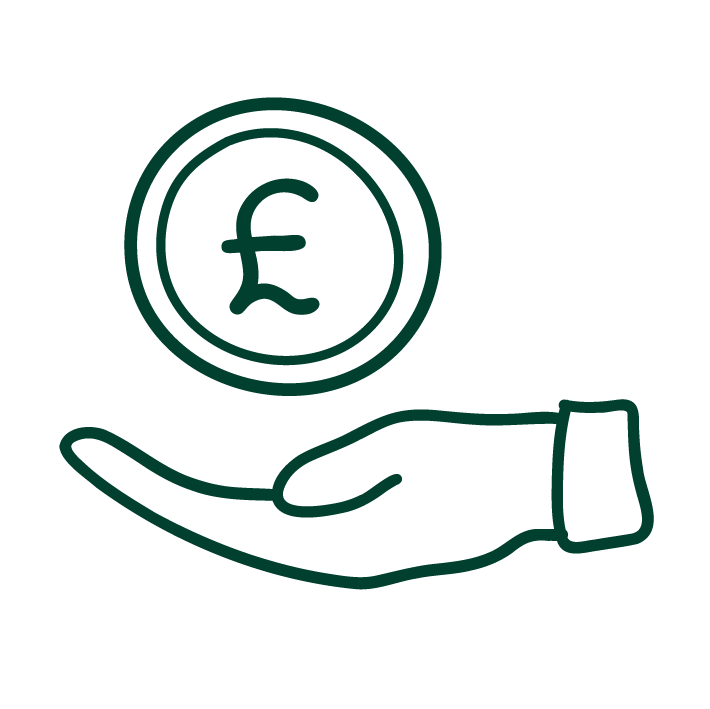 Green icon of a hand giving a circle of money